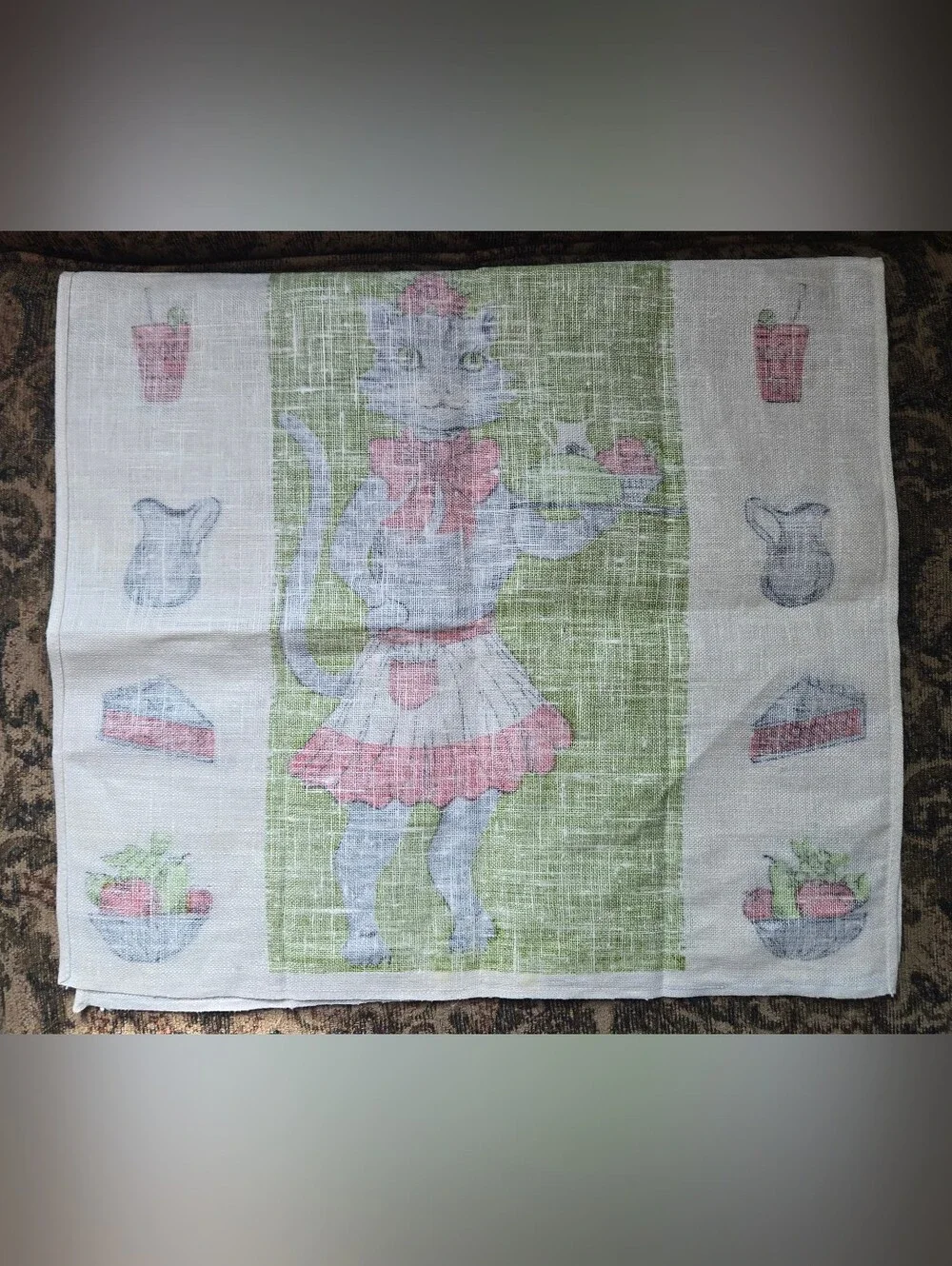 Vintage Pure Linen Parisian Prints Tea Towel Anthropomorphic Cat Waitress 70s